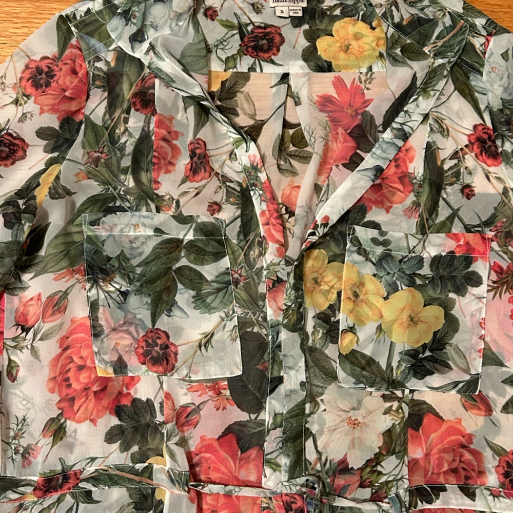Haute Hippie Sheer Silk Floral Tunic, Rollup Sleeves Open Front Drawstring Waist - Picture 10 of 16